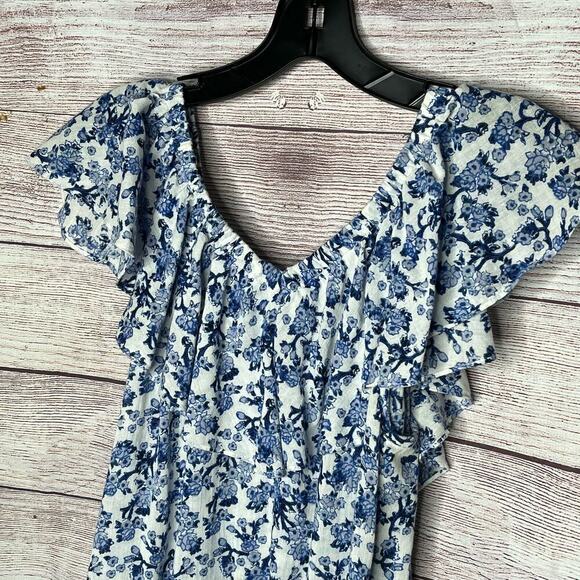 Rebecca Taylor Aimee Off Shoulder Blue & White Cotton Floral Top Size 4 - Picture 6 of 11